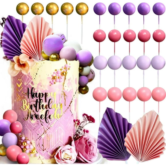 shiyou-27PCS Purple Pink Cake Decorations Purple Pink Palm Leaves Cake Decoration Balls Cake Decoration for Wedding Baby Shower Birthday