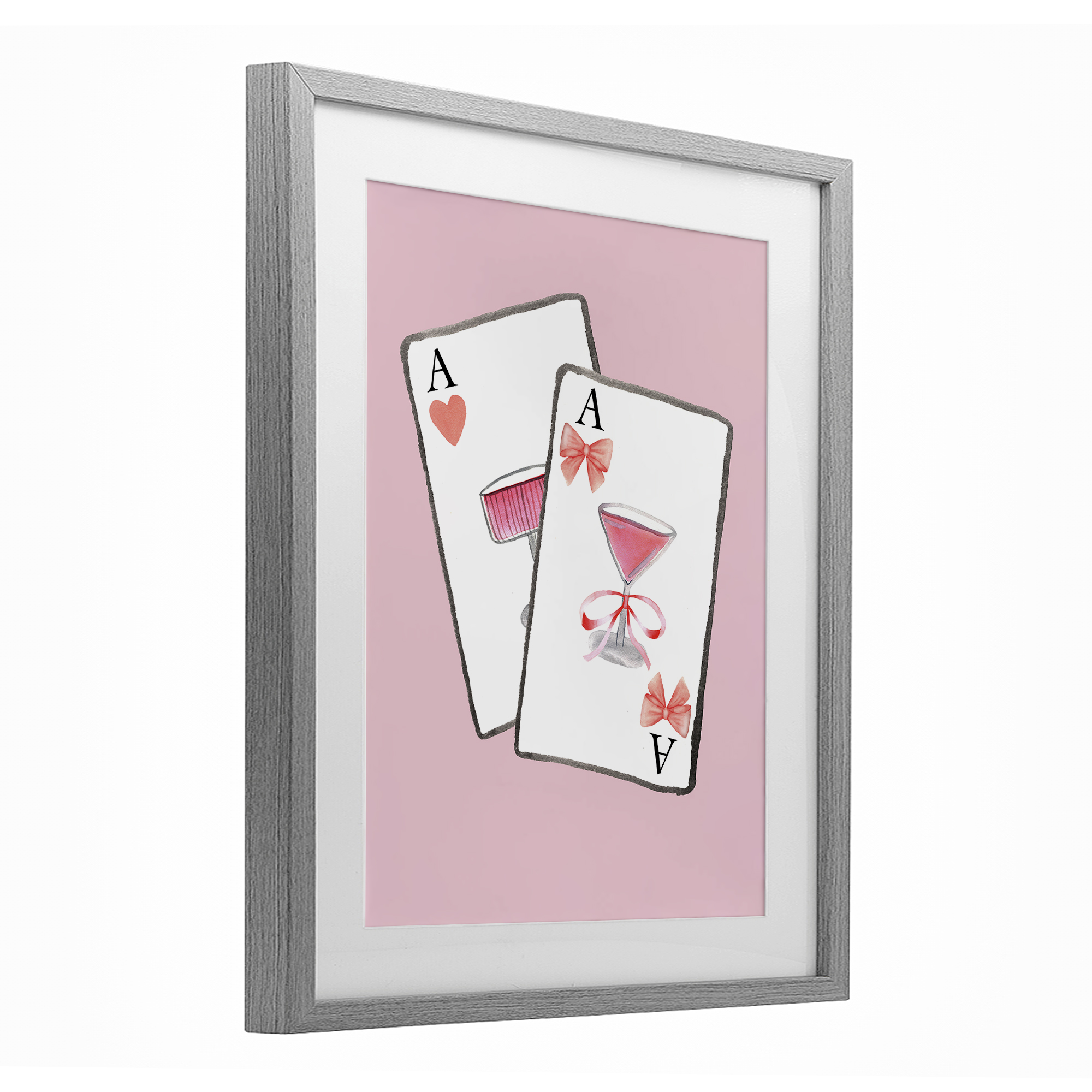 Cocktail Aces Cards Gray Framed Print Under Glass, design by Nina Jacobs