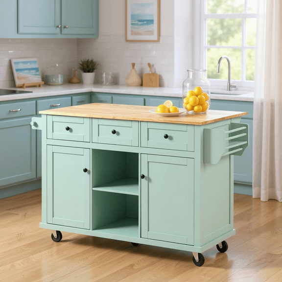 Homy Casa Rolling Kitchen Island with Drop Leaf, Storage Drawers, Spice Rack & Wheels, Sage Green