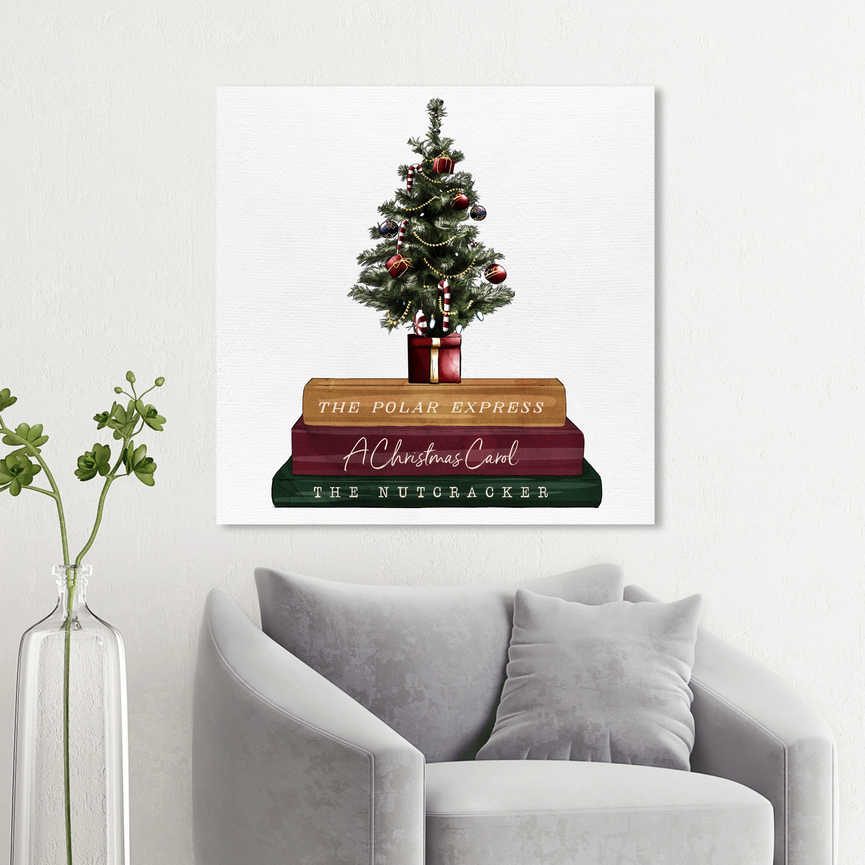 Wynwood Studio Holiday and Seasonal Wall Art Canvas Prints 'Christmas Tree and Storytime Books' Home Décor - Red, Green, 30" x 30"