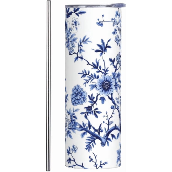 Chinoiserie Blue and White Floral Flat Edge Vacuum Insulated Tumbler Cup 20 oz Spill Resistant,Sublimation Tumbler Chinoiserie Ceramics Style,Gift for Chinoiserie Lover Friends Teen Women Teacher