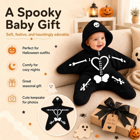 LRen Infant Halloween Fleece Zip Up Romper Jumpsuit Toddler Baby Hooded One‑Piece Playwear Fall Winter Warm Outfit Halloween Gifts,Black(0-3 Months)