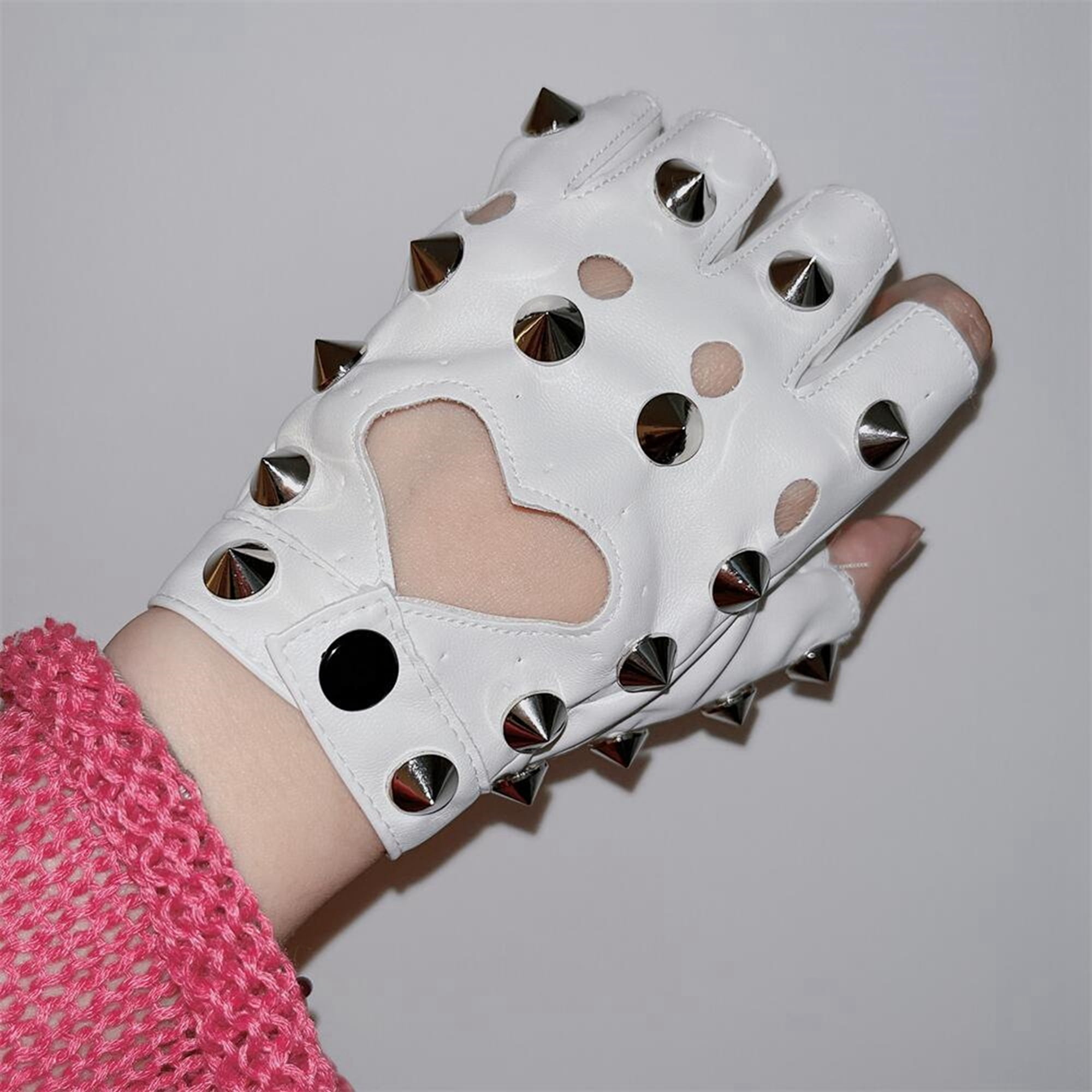 Women Punk Gloves Leather Hollowed Heart Rivet Rockstar