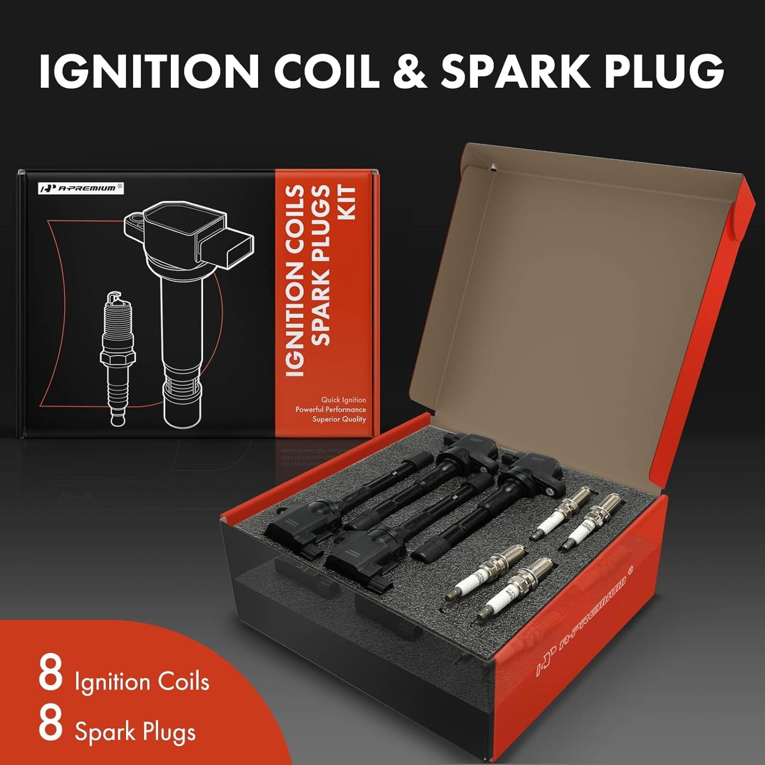 A-Premium Set of 8 Ignition Coil Pack and Iridium Spark Plugs Compatible with Honda Civic 2012-2015 1.5L, Insight 2010-2014 1.3L & Acura ILX 2013-2015 1.5L, Replace# 30520RBJ003, 30520RBJS01