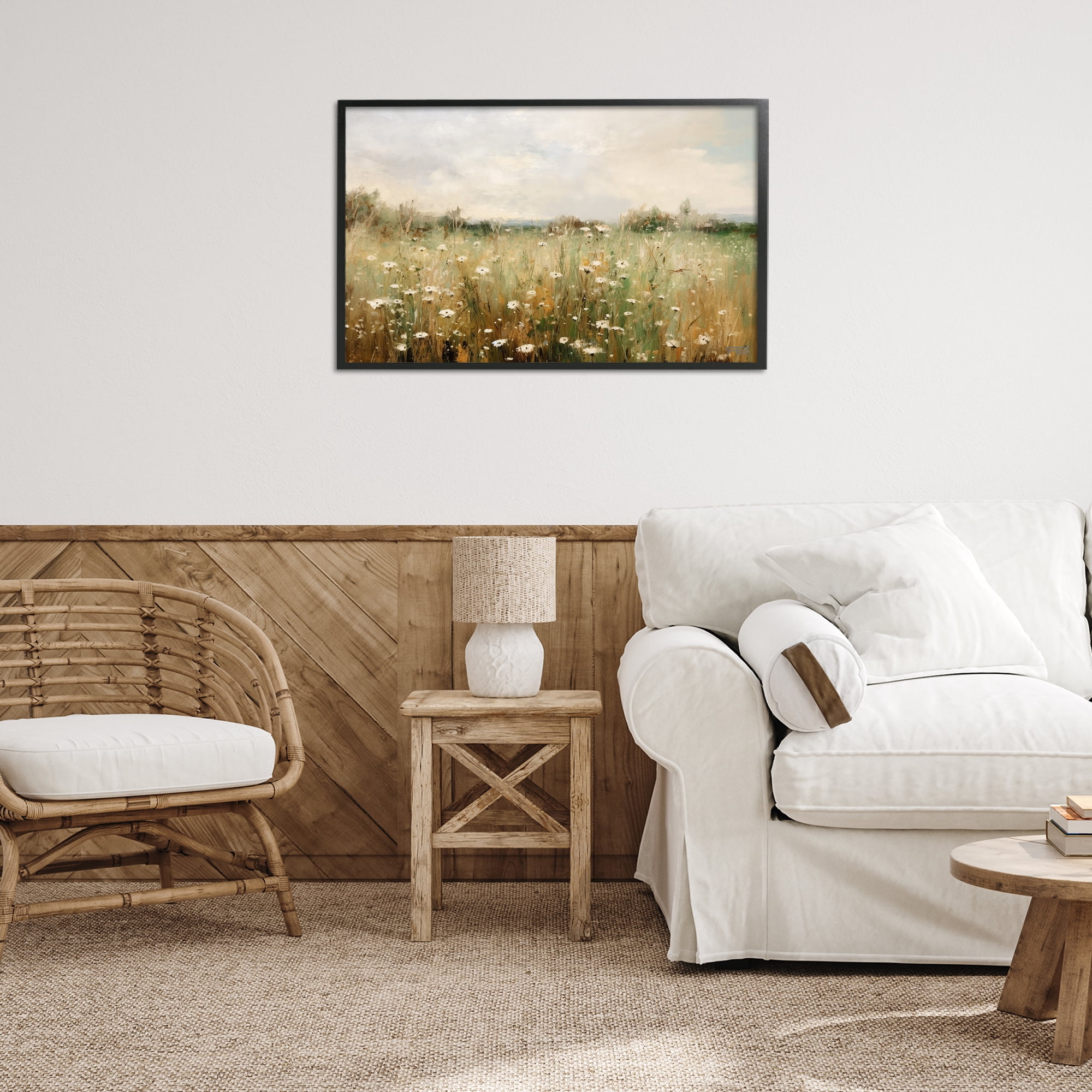 Stupell Industries Country Daisy Field Landscape Painting Black Framed Art Print Wall Art, 30 x 20