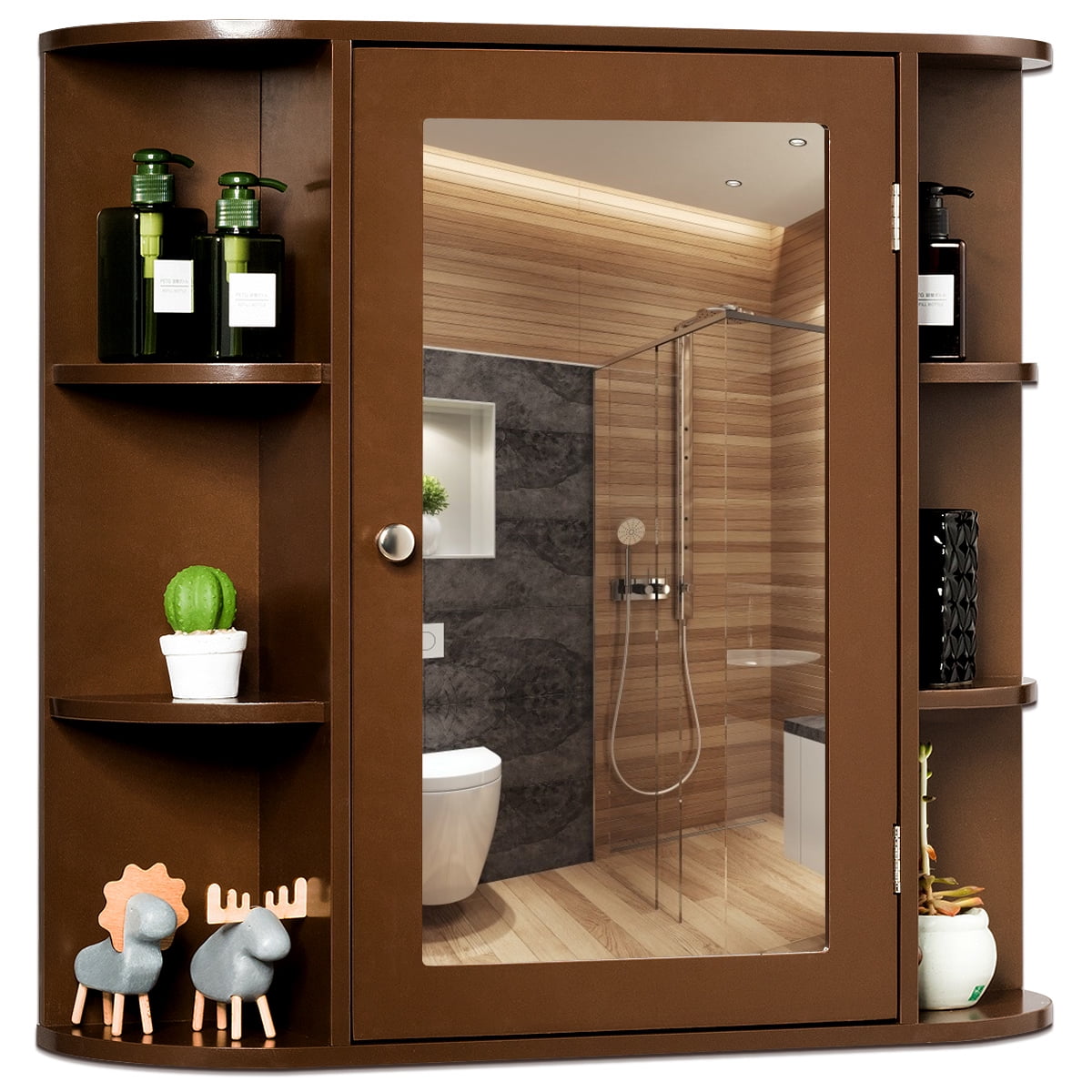 Costway Multipurpose Wall Surface Bathroom Storage Cabinet Mirror Brown