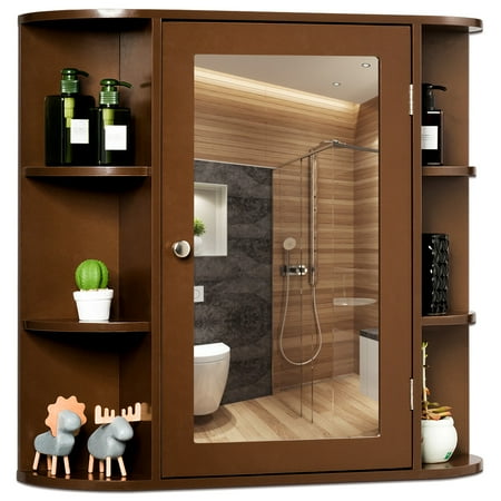 Costway Multipurpose Wall Surface Bathroom Storage Cabinet Mirror Brown\White,