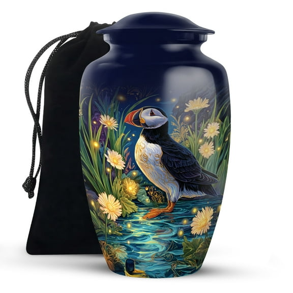 KARYLIZ Puffins Urns - Large Urn For Human Ashes Male & Female - Blue Memorial Cremation Urn Human Ashes - Flowers Decorative Funeral Urns For Man & Women