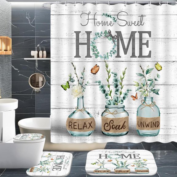 4 PCS Green Eucalyptus Shower Curtain Sets,Home Sweet Bathroom Set with Shower Curtain and Rugs and Accessories,Farmhouse Country Shower Curtain Bathroom Decor with 12 Hooks,72 X 72 Inches