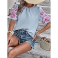 thumbnail image 5 of Dycnvjo Women Floral Embroidered Textured Tops Crewneck Puff Short Sleeve Casual Loose Solid Embroidery Blouses Shirts Blue M, 5 of 8