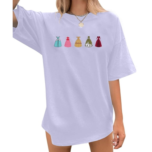 ALLTB Magical Shirt for Women Cute Embroidered Princess Dress Graphic Oversized T Shirt Women Family Holiday Vacation Tee Tops