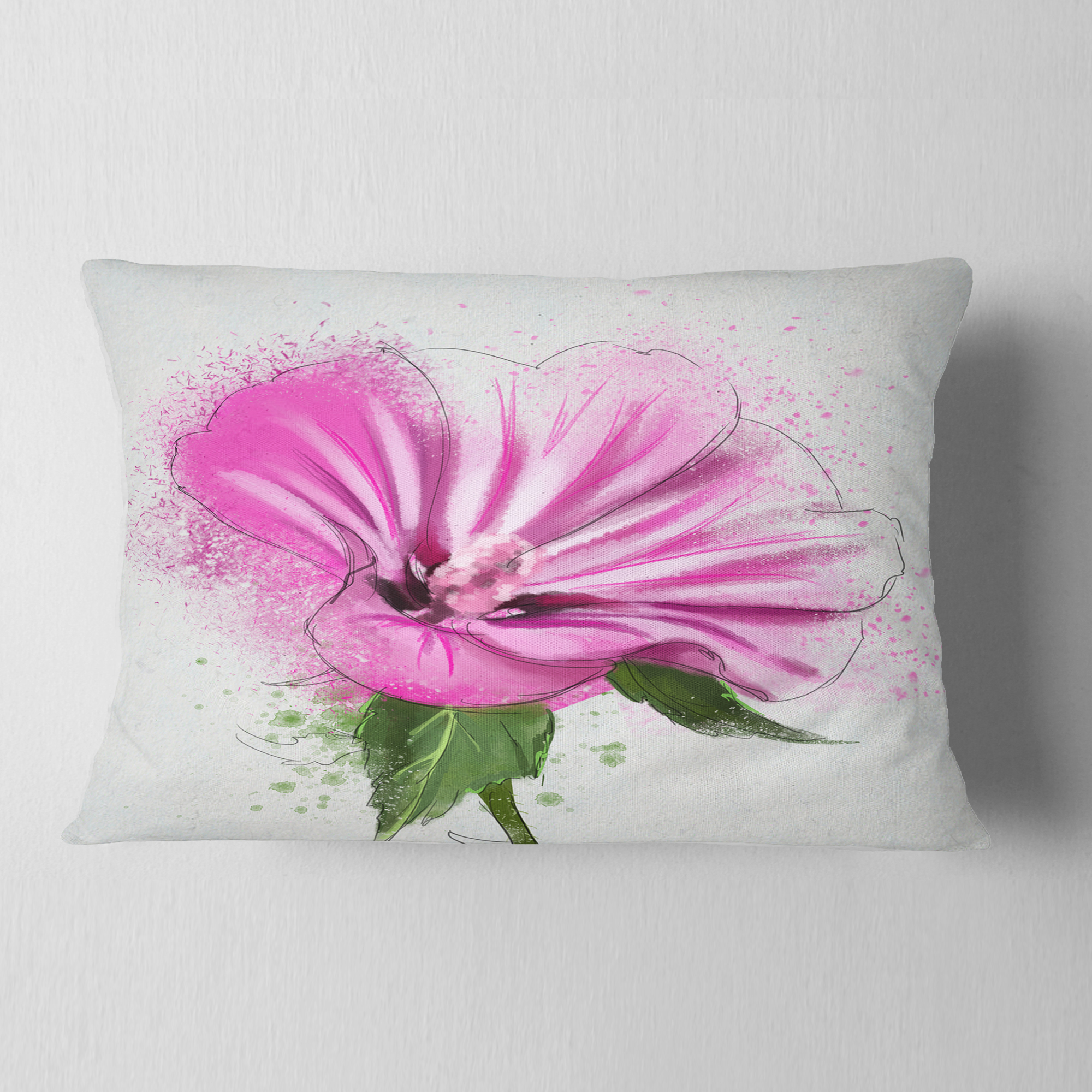 Designart Full Bloom Pink Flower with Leaves - Floral Throw Pillow - 12x20