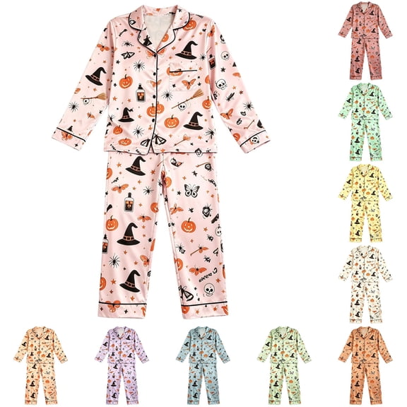 WhouRiu Girls Halloween Graphic Pajamas Flat Collar Long Sleeve Button Up Shirts And Pants Pajama Set 2 Piece Kids Cozy Cute Sleepwear,15-16 Years