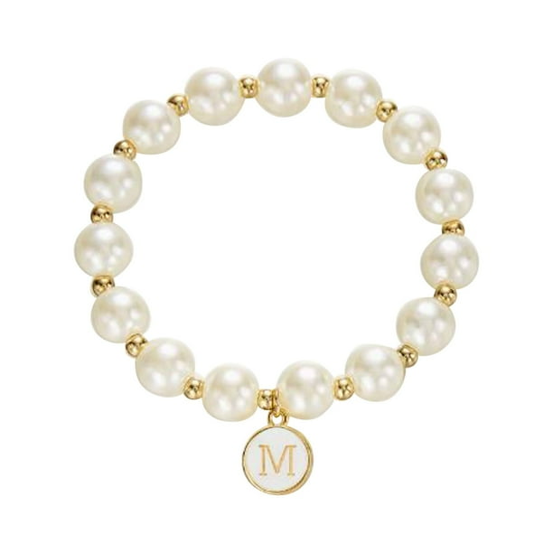 Imitación de perlas 26 alfabeto etiqueta pulsera de moda y versátil pulsera de cuentas de cordón elástico para las mujeres pulsera de cuentas para los seres queridos y (M S)