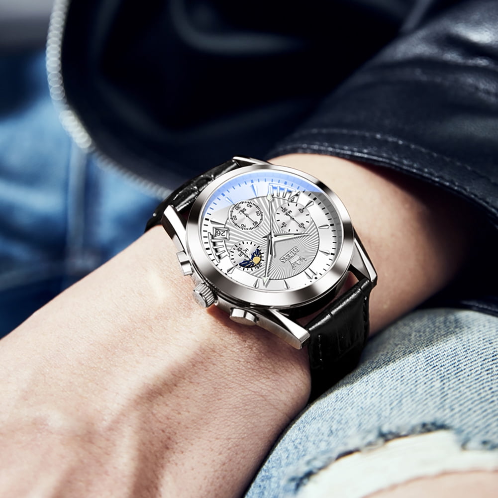 OLEVS Watches for Men Chronograph Black Leather Gold Plated Case Analog Quartz Fashion Business Dress Large Face Mens Watches Luminous Waterproof Casual Male Wrist Watch Reloj para Hombre
