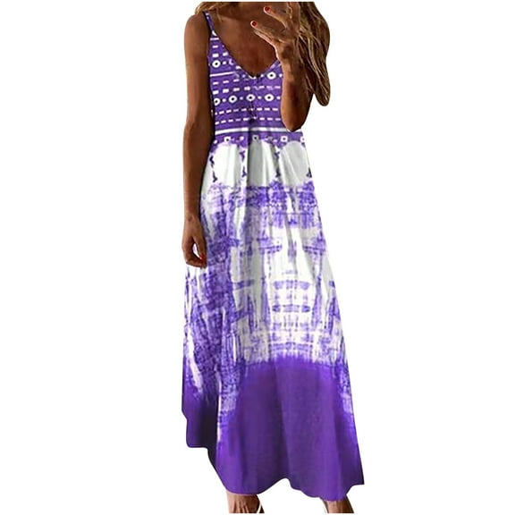 IROINNID Shift Dress For Women Fashion Summer Casual Printing Loose Sleeveless Dress V-Neck Full-Length Dress