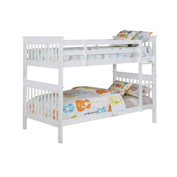 Mission Style Twin Over Twin Bunk Bed with Attached Ladder, White - Saltoro Sherpi