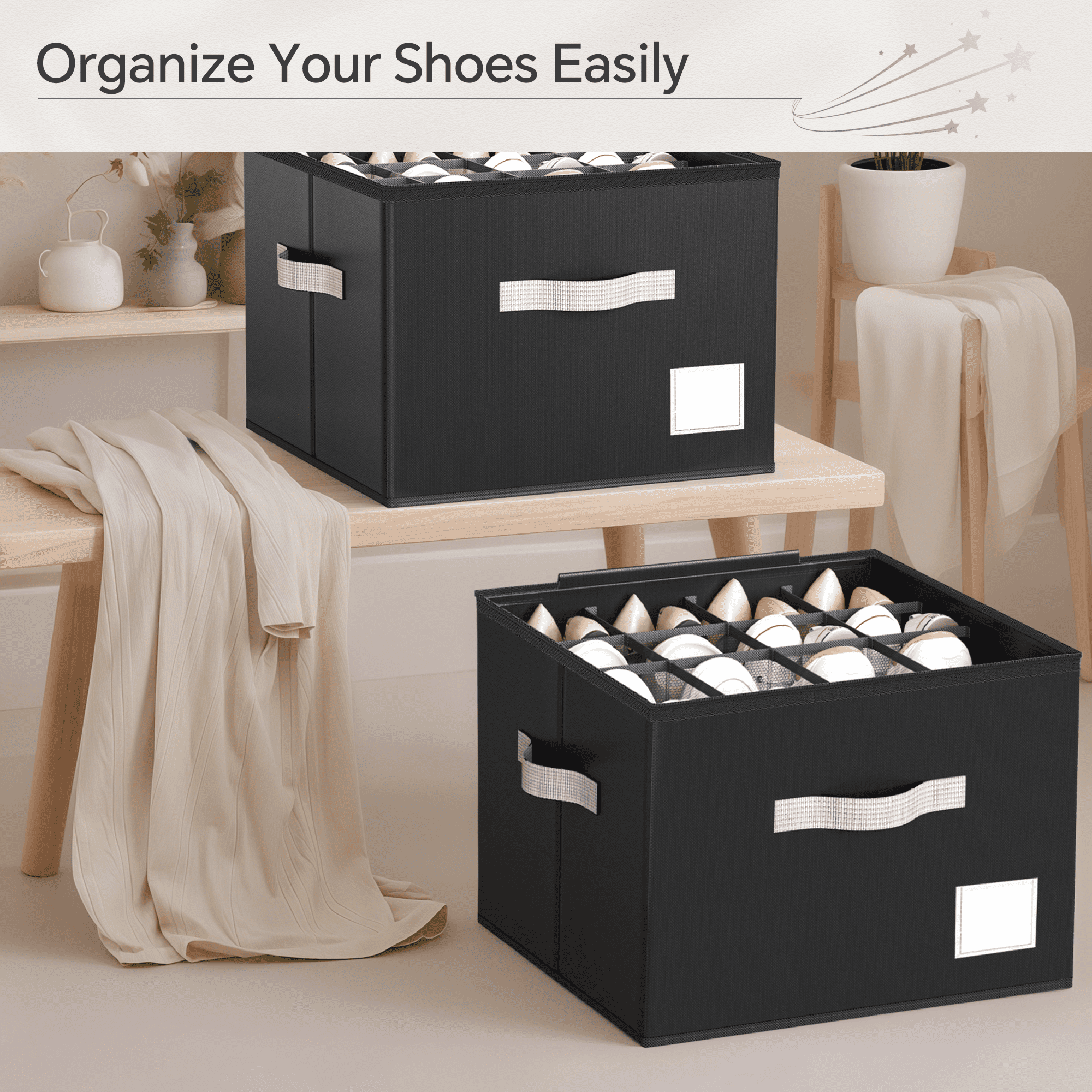 Criusia Shoe Organizer, Closet Shoe Storage for Sneakers Sandals Slippers, Fit 12-16 Pairs, Black