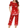 thumbnail image 2 of Nfurl Womens Christmas Holiday Pajamas Sets Comfy Snowflake Print Short Sleeve Tops and Capri Pants Petite Lounge Set Winter Xmas Sleepwear Red L, 2 of 6