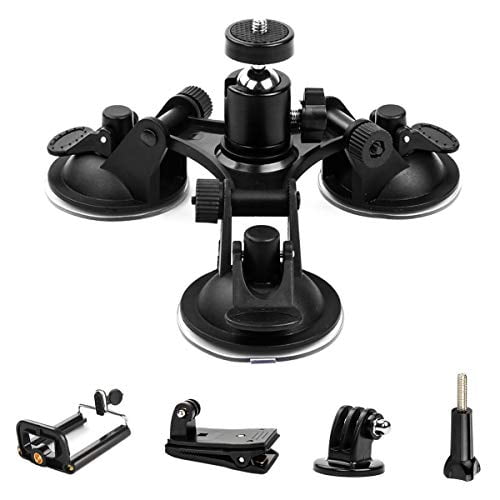 Camera Mount for Car - Camera Suction Mount - Car Mount Triple Suction Cup Mount with 1/4 Threaded Head 360 Degree Tripod Ball Head