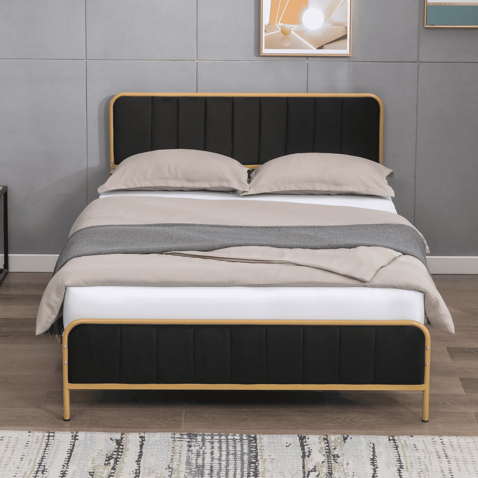 MUZZ King Size Metal Platform Bed Frame with Dutch Velvet Headboard