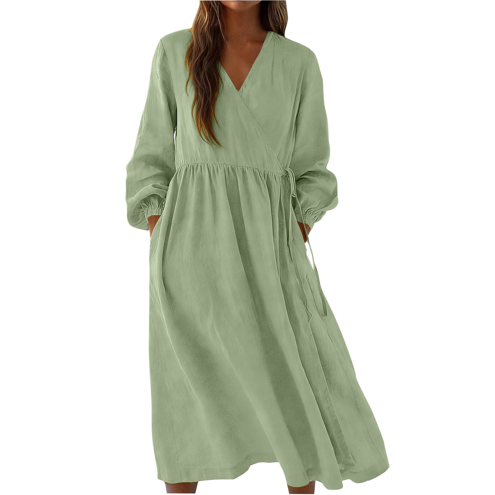Sentmoon Linen Dresses Summer 2026 Fashion Solid Color V Neck Womens Sundress Stretchy Regular Fit Beach Day Essentials for Travel and Holiday Green XXL
