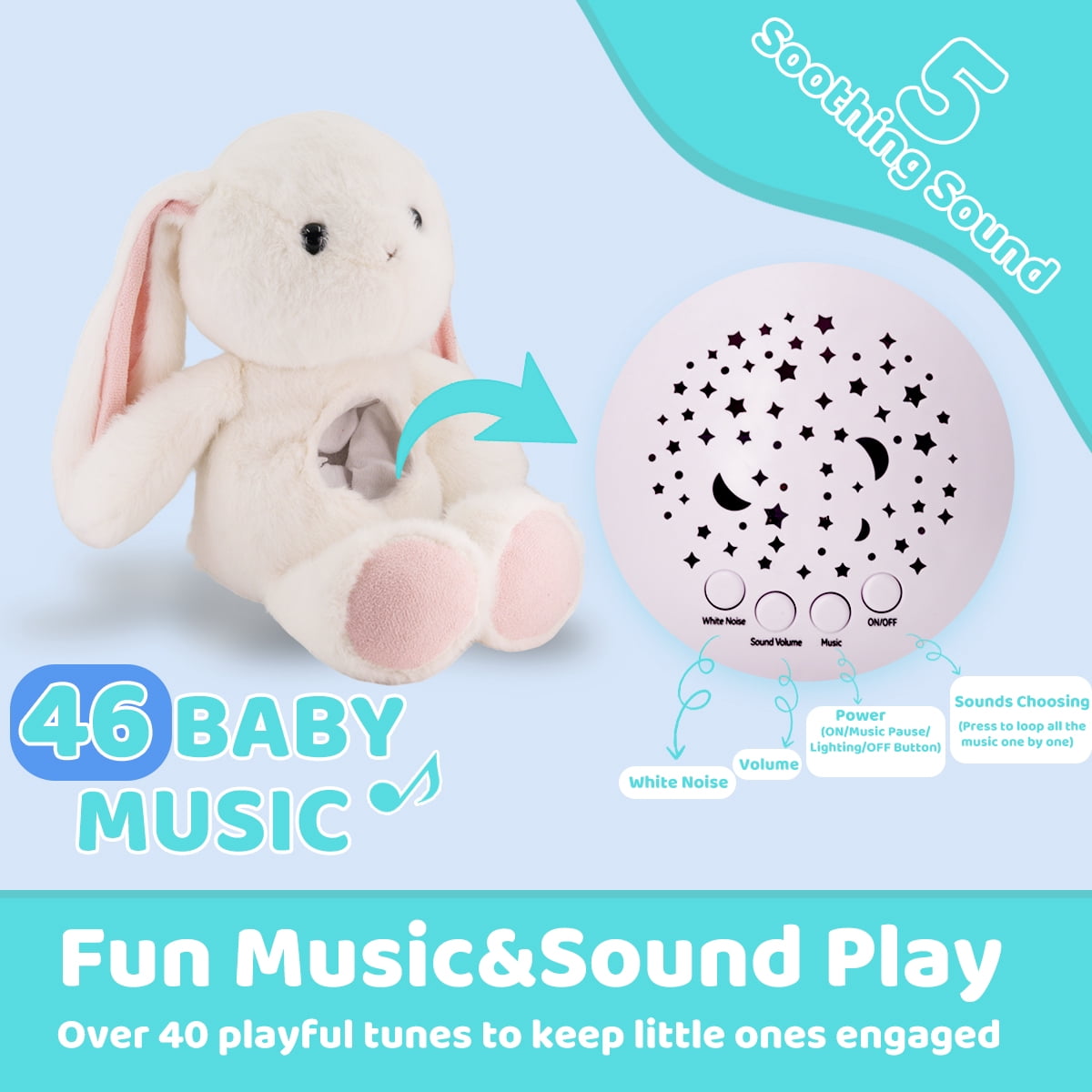 LINXUXIE Musical Rabbit Plush Toy with Soothing Light & Sound, Soft Stuffed Animal for Newborn to Toddler 0-36 Months