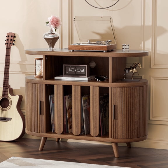 AHB 35.5" Record Player Stand, Vinyl Record Cabinet with Rotating Louvers, 2 USB AC Charging Station, 300 LP Storage for Living Room and Bedroom, Walnut