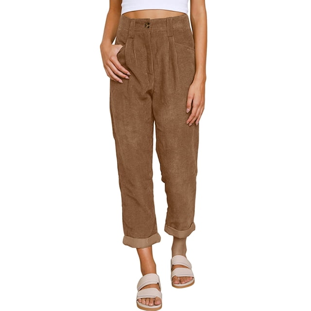 Gibobby pantalones holgados mujer Pantalones de pierna recta recortados con bolsillos de pana para mujer Pantalones casuales elegantes (Marrón, S)