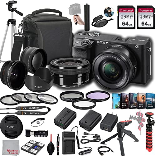Sony a6400 Mirrorless Camera with 16-50mm Lens, 128GB Memory.43 Wide Angle & 2X Lenses, Case. Tripod, Filters, Hood, Grip,Spare Battery & Charger, Video & Photo Editing Software Kit -Deluxe Bundle
