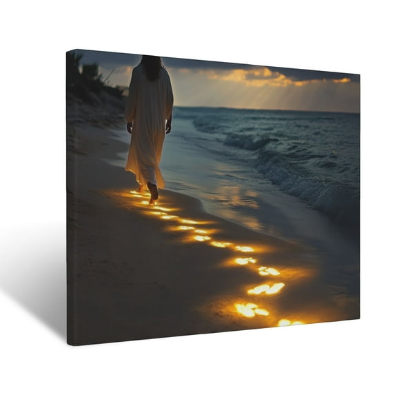 CozyNet Jesus Walking With Glowing Footprints Along A Sandy Shore, Reflecting Light Onto The Waves Wall Art Prints With Frame Canvas Perfect for Living Room & Bedroom, Wall Decor 12"x16"
