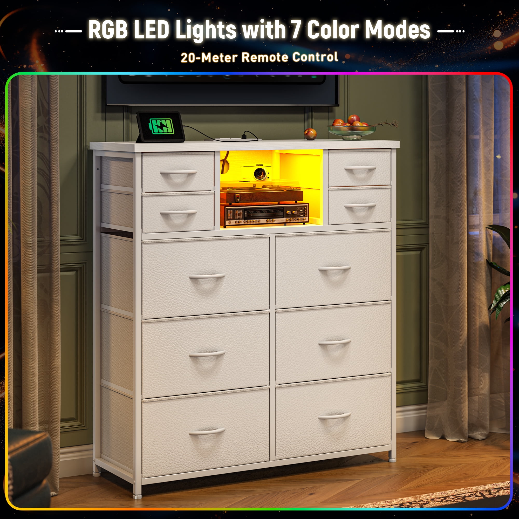 Romorgniz Tall Dresser for Bedroom with 10 Drawers Featuring LED Lights & Power Outlet Fabric Dressers & Chest of Drawers with Open Shelves, White