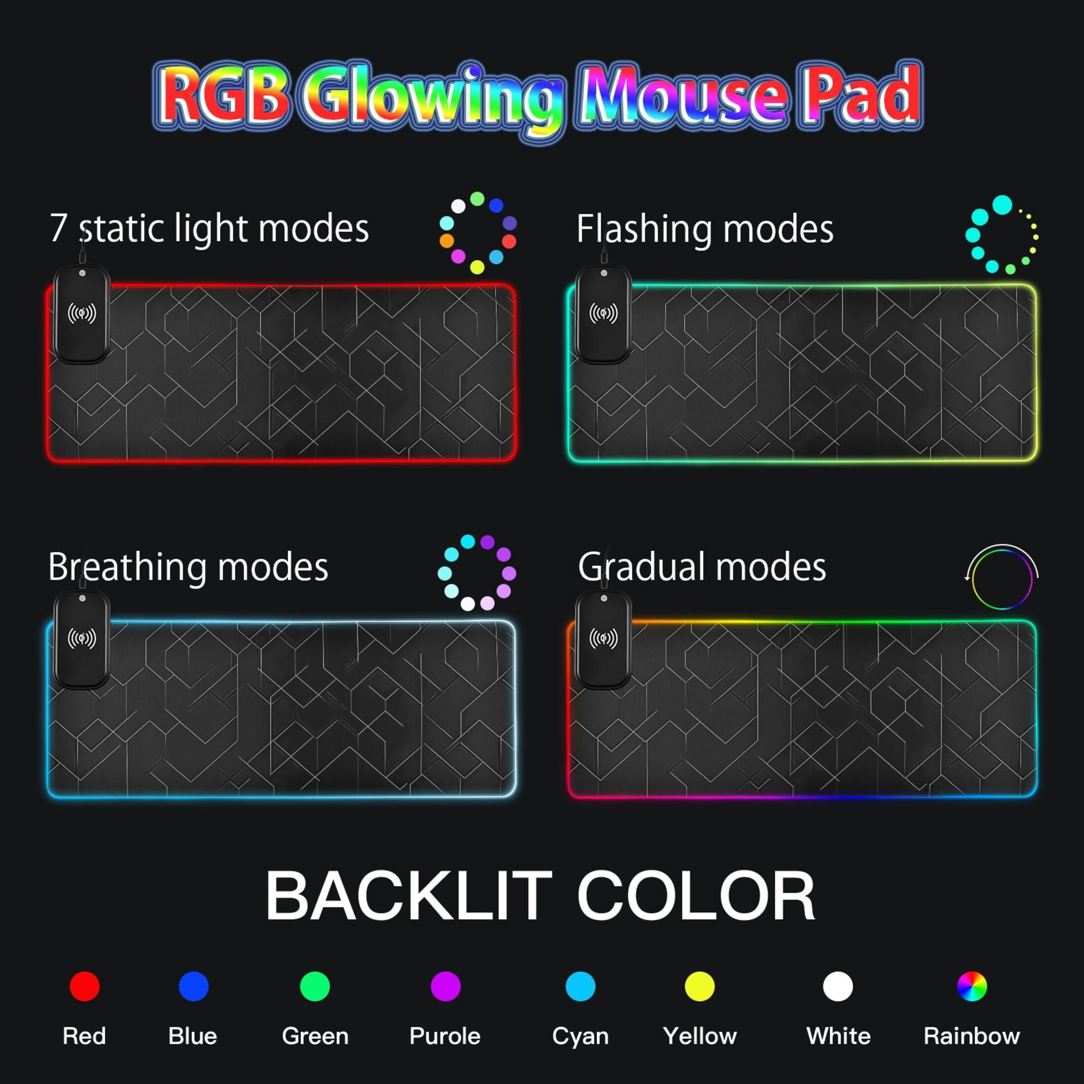 RGB Gaming Mouse Pad 15W Wireless Charging Large Waterproof Desk Mat 13 Light Modes Mousepad 35.4x15.7 Black Simple Geometric Lines