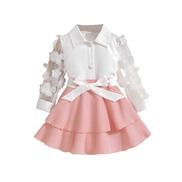 Odeerbi 3-7 Años Conjunto de Tul Para Niñas Camisa de Manga Larga Falda de Gasa Con Cinturón Conjunto de Tres Piezas Conjunto de Falda Con Lazo
