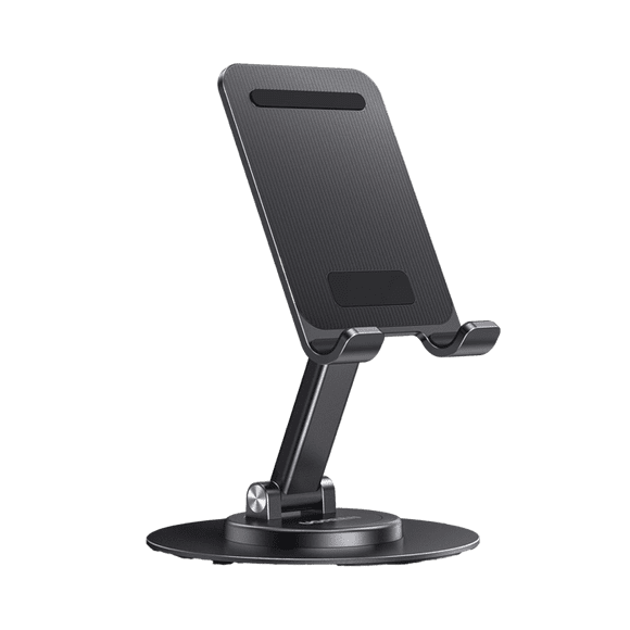 Soporte para Teléfono Celular Giratorio | 360° de Rotación | Angulo Ajustable | Altura Ajustable 17-20cm | Antideslizante | Ejes Giratorios de Alta Precisión| Plegable | Aluminio | Color Gris