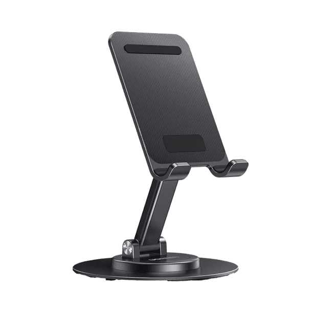 Soporte para Teléfono Celular Giratorio | 360° de Rotación | Angulo Ajustable | Altura Ajustable 17-20cm | Antideslizante | Ejes Giratorios de Alta Precisión| Plegable | Aluminio | Color Gris