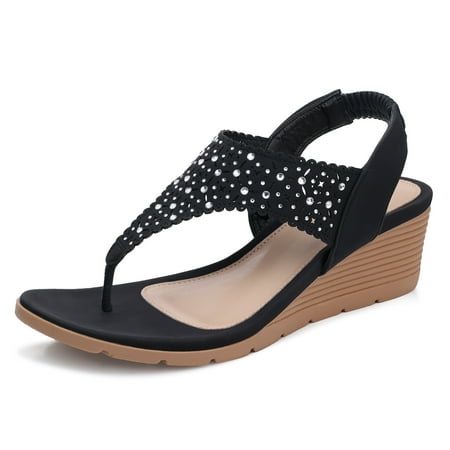 

SHIBEVER Wedge Sandals for Women Rhinestone Elastic Ankle Strap Platform Sandals T-Strap Thong Flip Flops Shoes Black 9