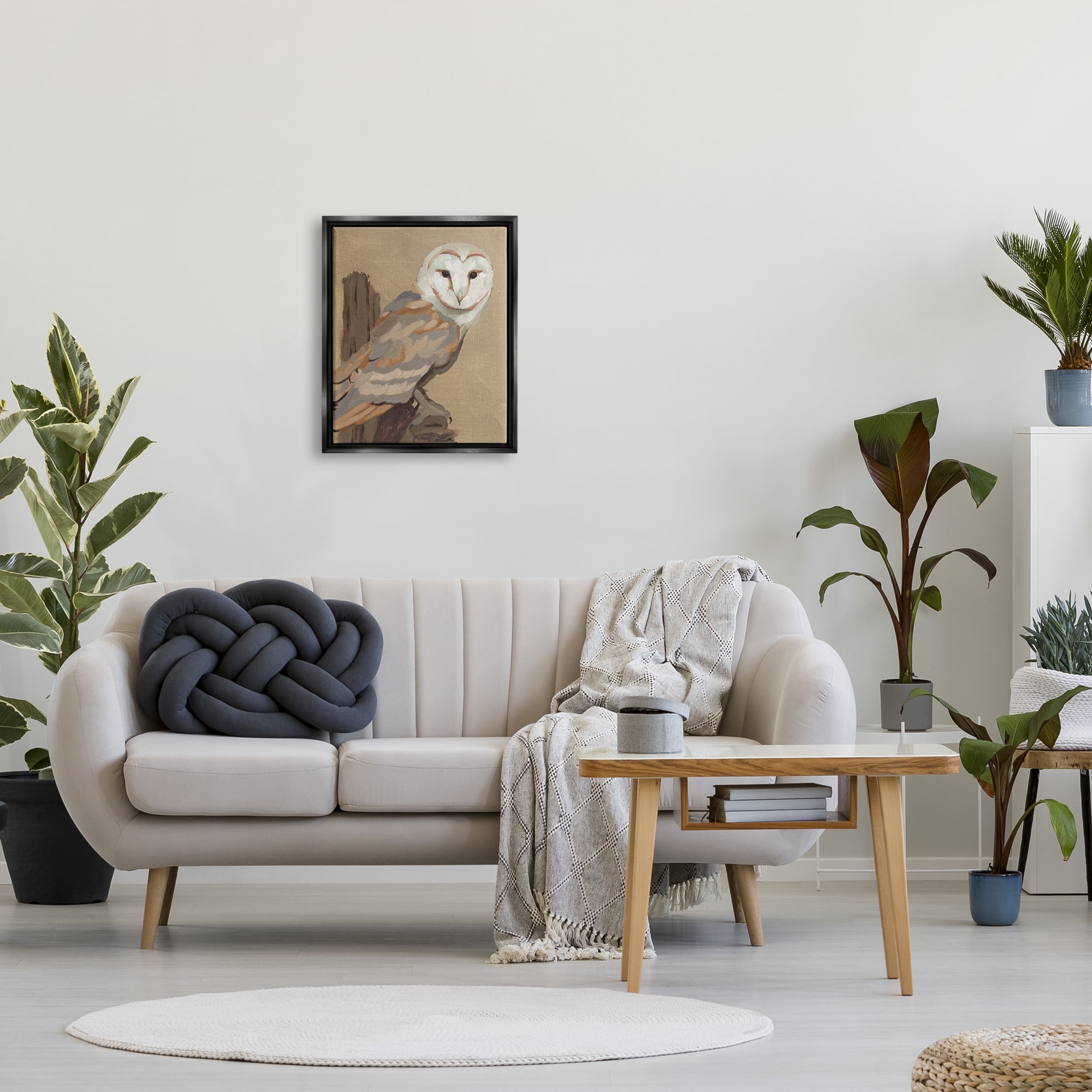 Stupell Industries Barn Owl Bird Perched Gazing Wildlife Animal Painting Painting Jet Black Floating Framed Canvas Print Wall Art, Design by Jacob Green