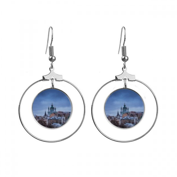 Castle Clouds Blue Sky Art Deco Fashion Earrings Dangle Hoop Jewelry Drop Circle