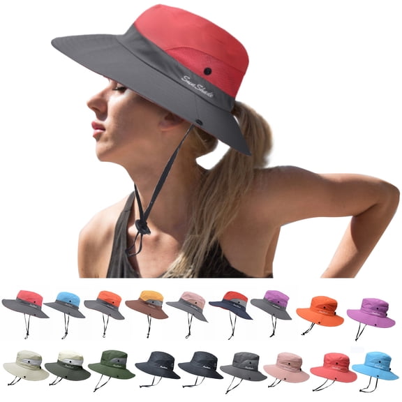 Women's Ponytail Sun Hat Wide Brim UV Protection Cap, Foldable Mesh Breathable Safari Hat Heavy Duty Packable Headwear for Beach Fishing and Hiking