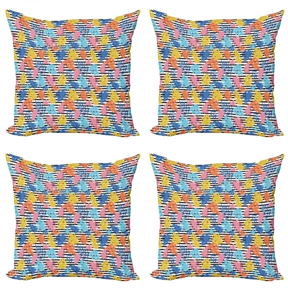 Colorful Throw Pillow Cushion Case Pack of 4, Pastel Colored Tropical Leaves Hawaiian Jungle Foliage on Black and White Stripes, Modern Accent Double-Sided Print, 4 Sizes, Multicolor, by Ambesonne