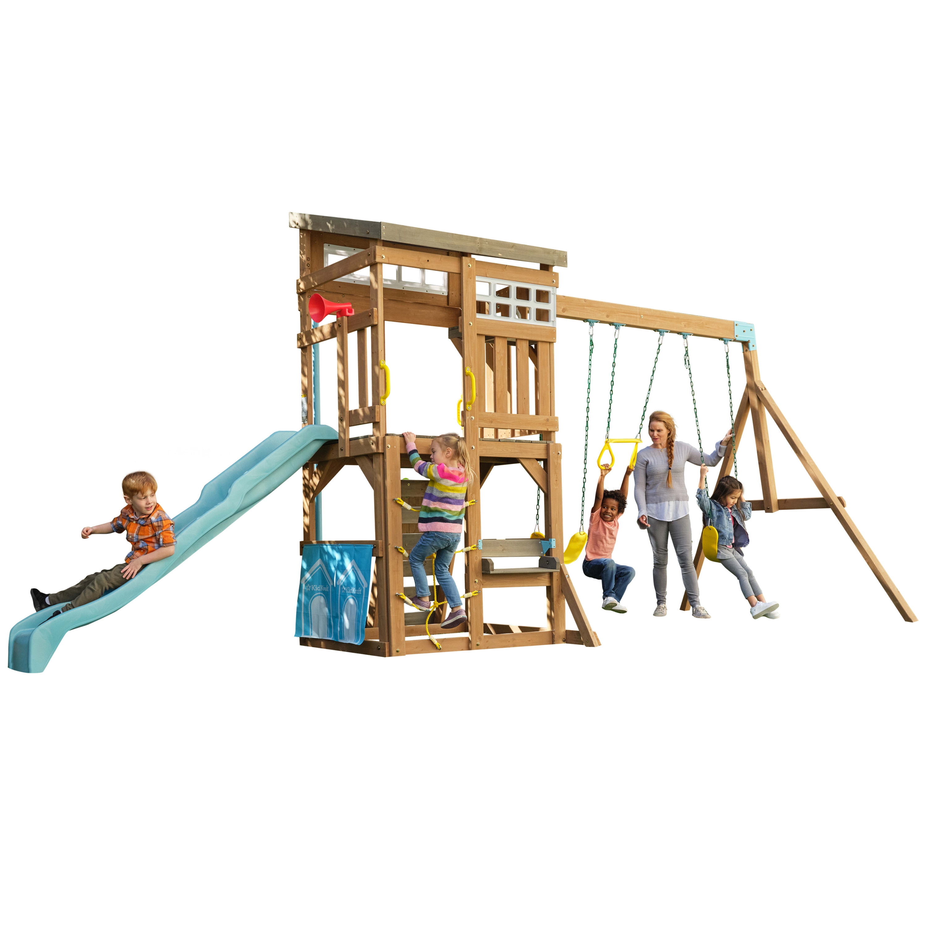 KidKraft Modern Outdoor Wooden Swing Set / Playset with Fireman’s Pole, Reversible Bench