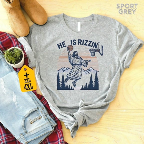 He Is Rizzin' Funny Jesus Playing Basketball Shirt, Retro Y2K Christian Faith Tee, Humor Easter Shirt, Easter Gift,Hilarious Holiday Apparel