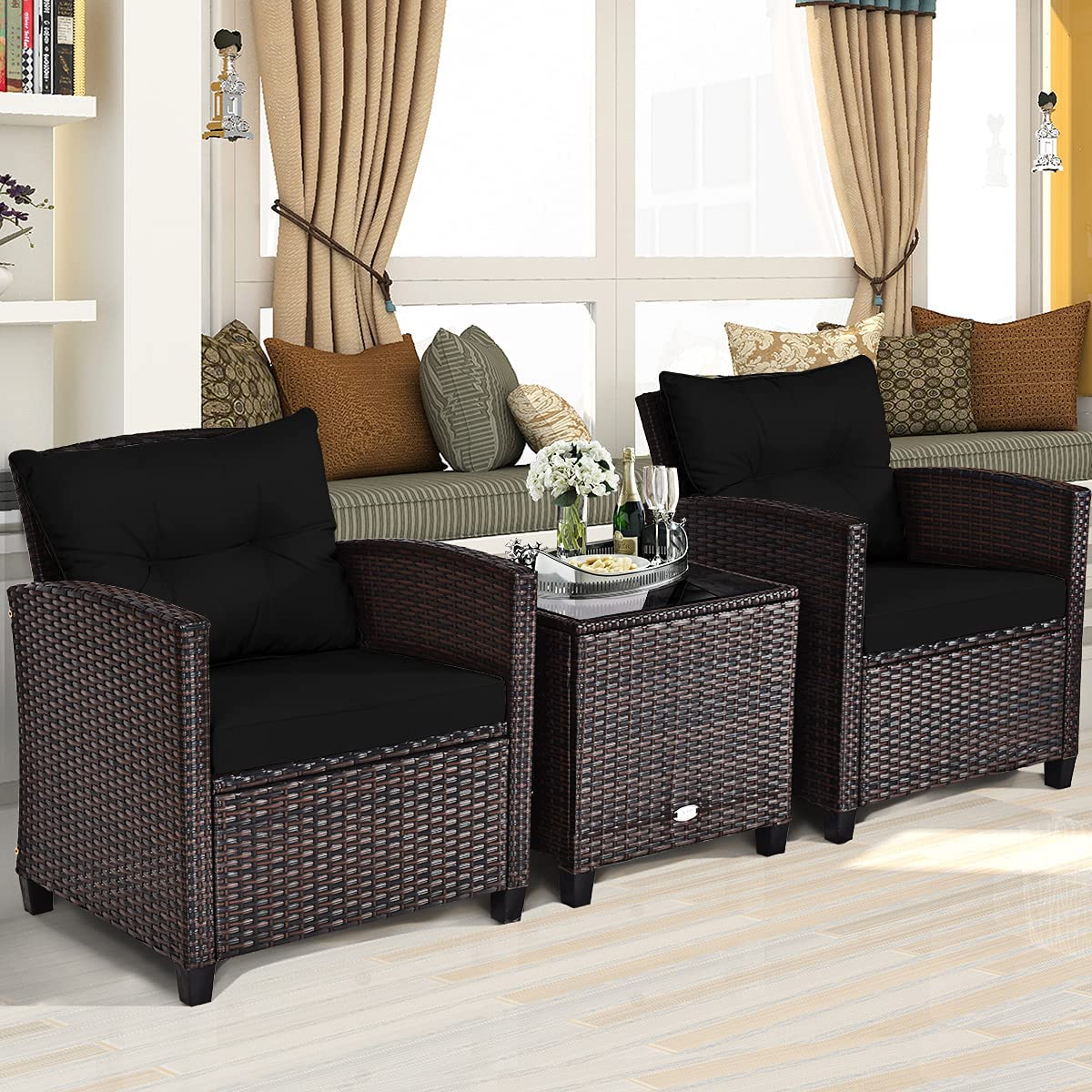 3 Pieces Patio Furniture Set, PE Rattan Wicker 3 Pcs Outdoor Sofa Set w/Washable Cushion and Tempered Glass Tabletop, Conversation Furniture for Garden Poolside Balcony (Black)
