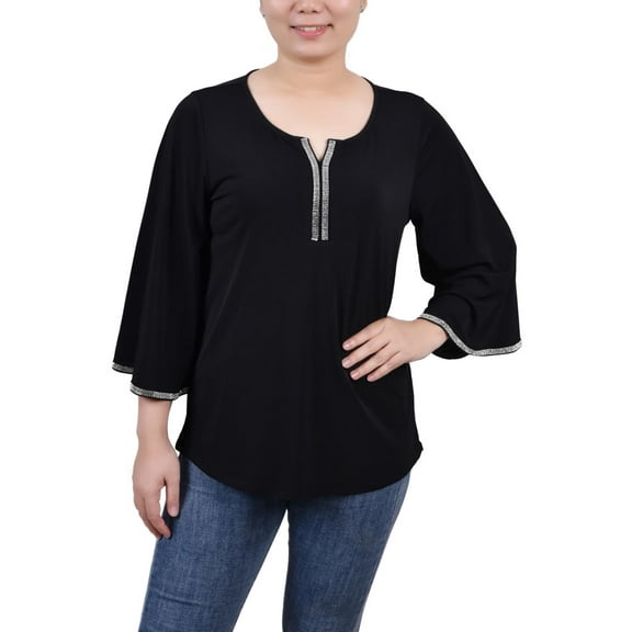 NY Collection Womens Petites Embellished Bell Sleeves Blouse