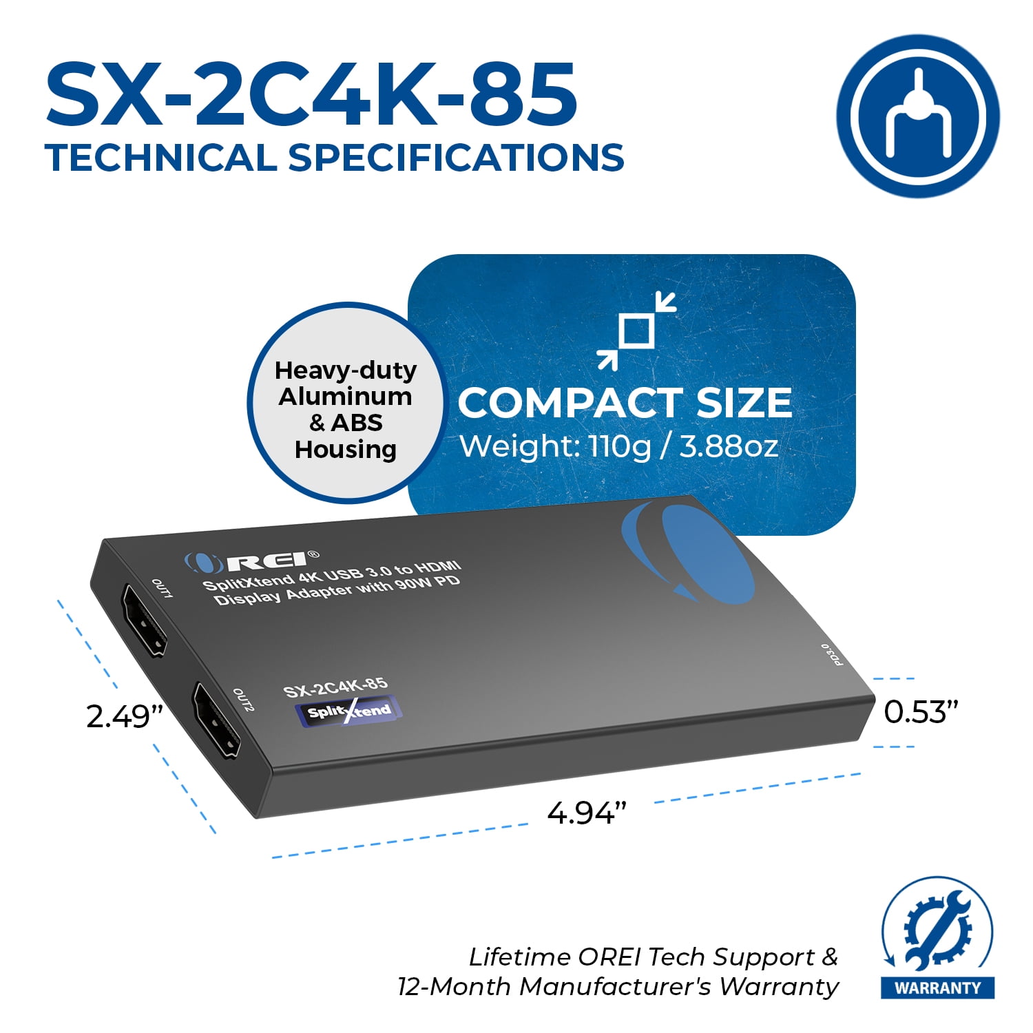 OREI SplitXtend 4K USB 3.0 to HDMI Display Adapter with 90W PD (SX-2C4K-85)