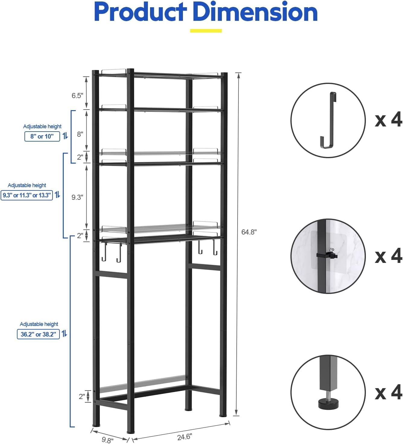 4 Tier Over The Toilet Storage Rack Adjustable Height Freestanding Bathroom Organizer Shelves Cabinet Above Toilet