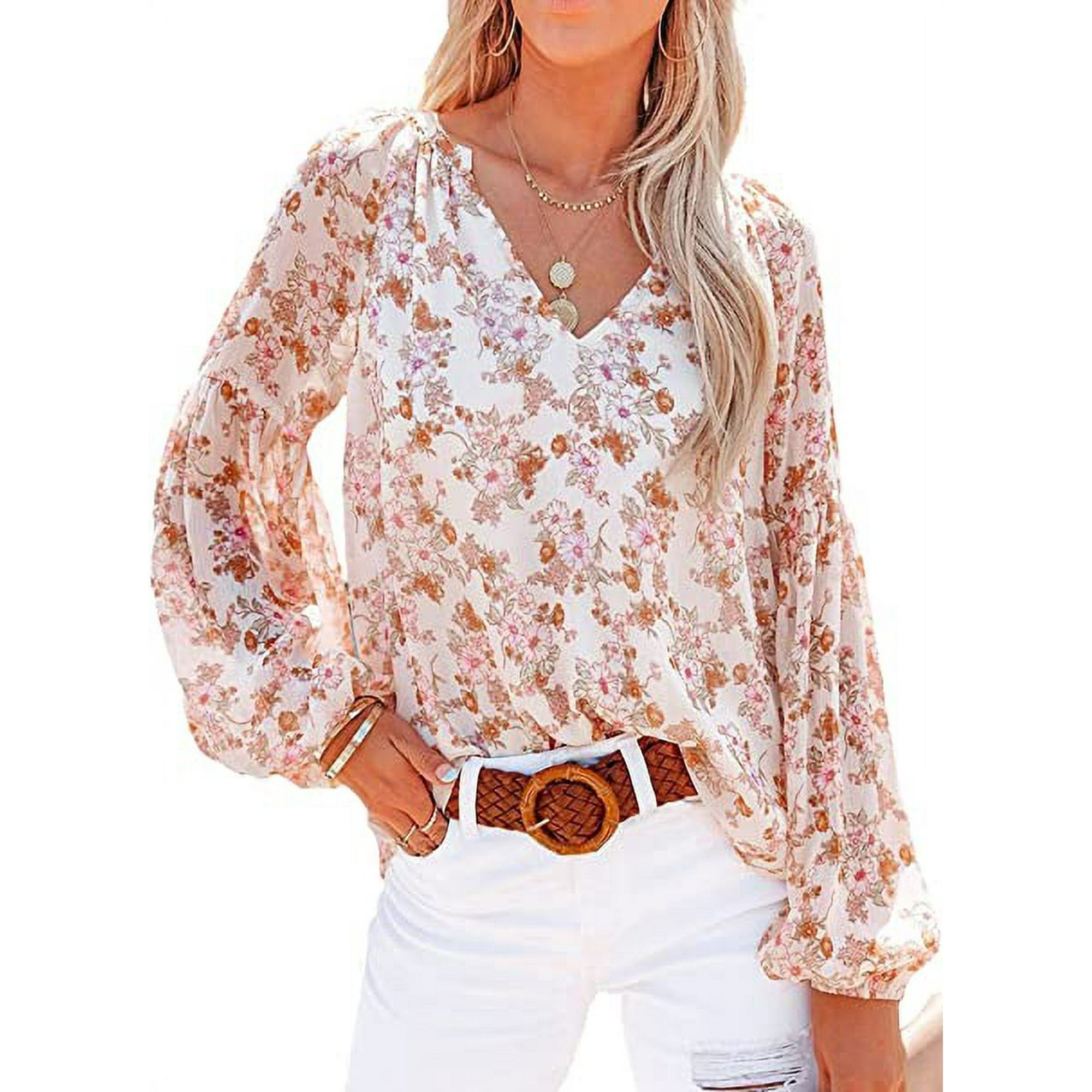 Hefeisuimishangmaoyouxiangongsi Womens Casual Boho Floral Print V Neck Long Sleeve Loose Blouses Shirts Tops White Xl
