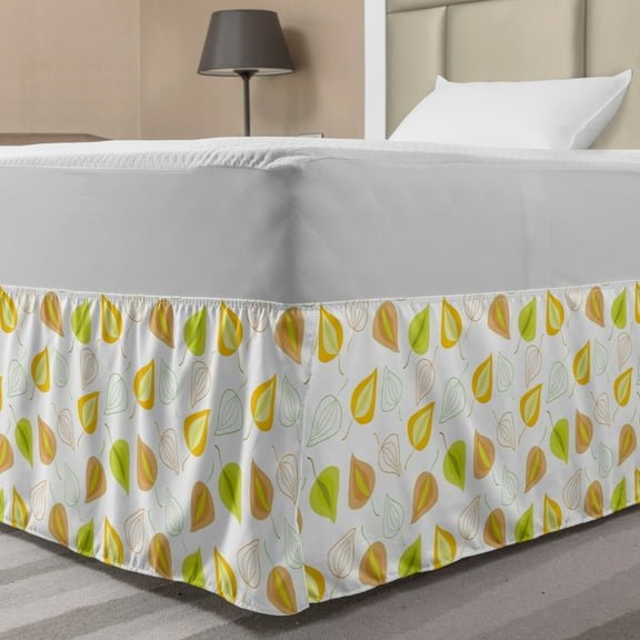 Leaves Bed Skirt, Colorful Creative Motifs Drawn by Hand, Elastic Bedskirt Dust Ruffle Wrap Around for Bedding Decor, 4 Sizes, Mustard White, by Ambesonne