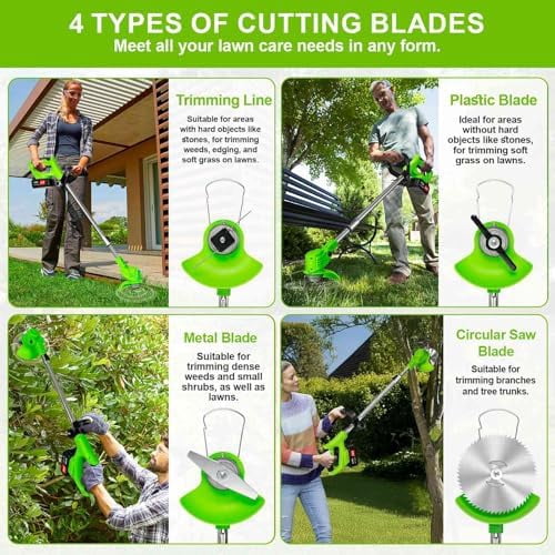 Weed Wacker Cordless,24v Electric Weed Eater Battery Powered,3 in 1 Lightweight Grass Trimmer with 2 4.0 Ah Batteries & Charger,Height Adjustable Wheeled Brush Cutte for Lawn Care,Garden,Yard (Green)